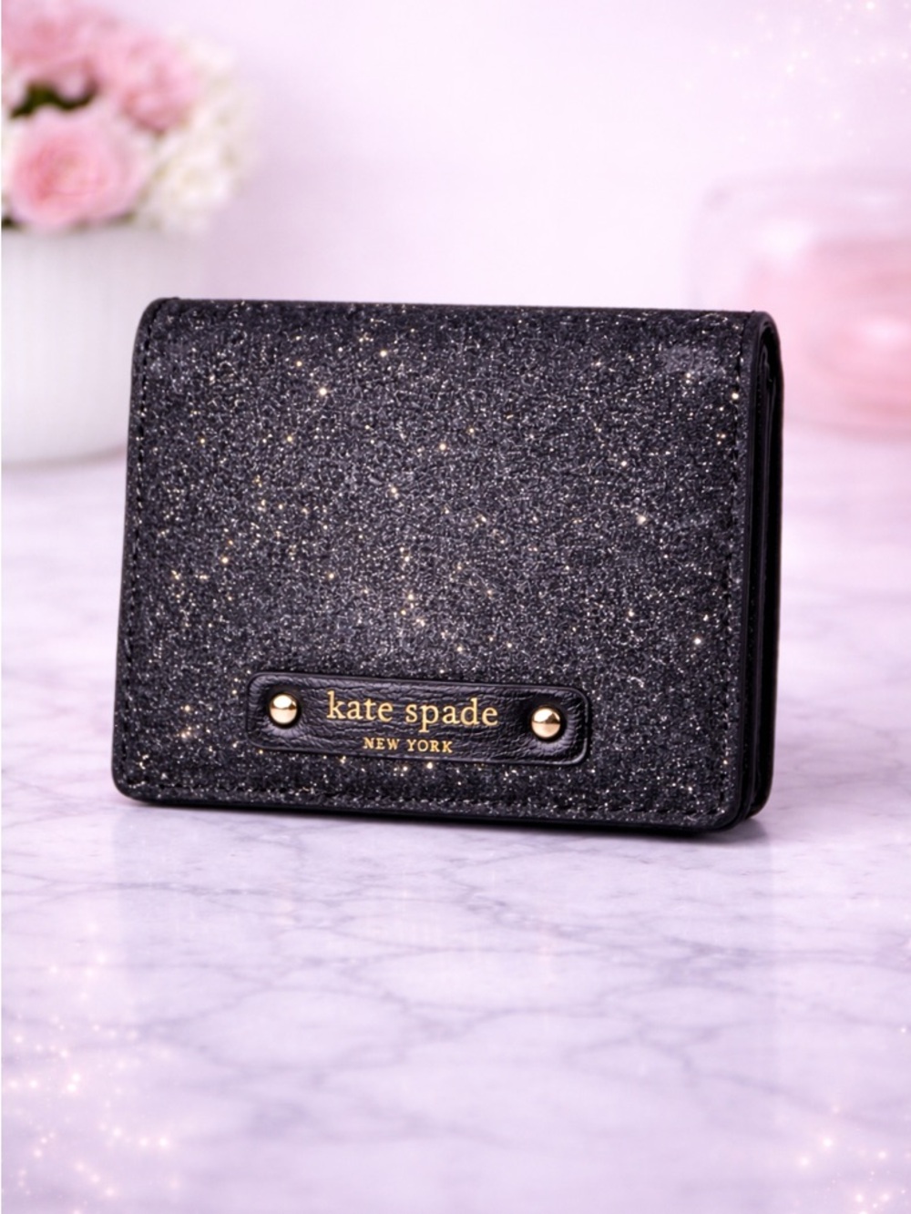 Kate Spade Black Glitter Card Holder Wallet | Zip Coin Pocket | Compact Wallet